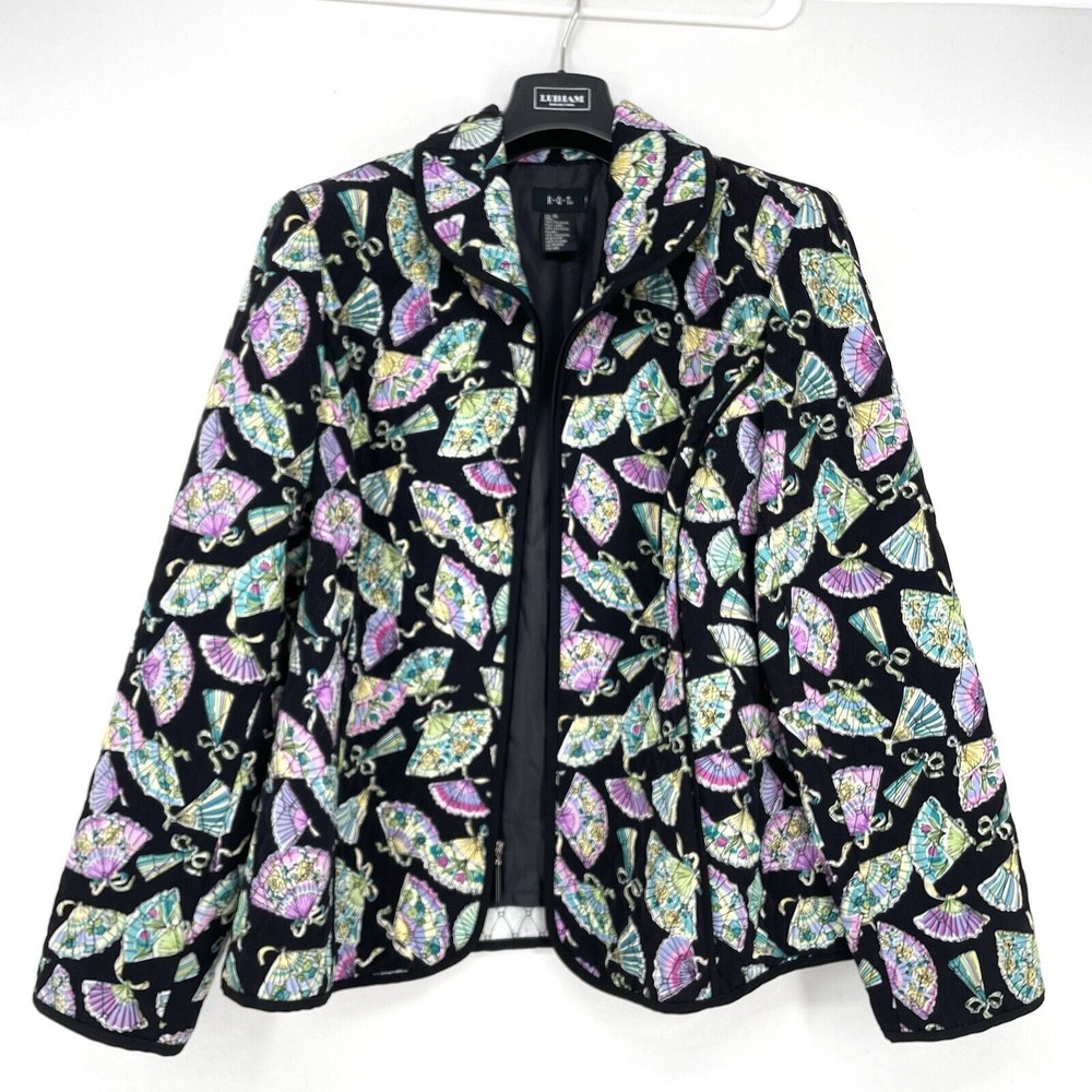 Vintage‎ R.Q.T. Quilted Jacket Asian Japanese Fan Print Black Multicolor Size XL